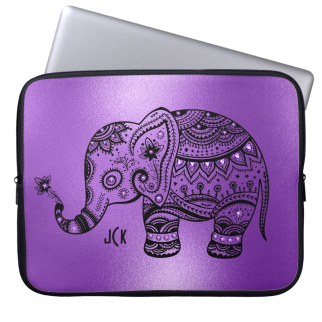 Shiny Lila Background Black Tribal Elephant Laptop Fodral (Framsidan)