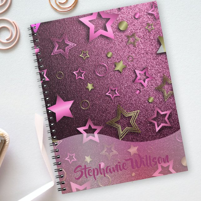 Shiny Luxury Glam Chic Rosa Magenta Guld Stars Anteckningsbok (Skapare uppladdad)
