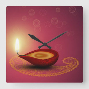 Shiny Lycklig Diwali Diya - Wall Clock Fyrkantig Klocka