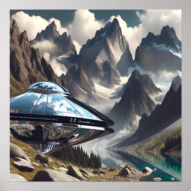 Shiny Metall UFO i bergen Poster (Framsidan)