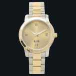 Shiny Metallic Guld | Romerska siffror | Monogram Armbandsur<br><div class="desc">Elegant, slick, minimalistisk bild av blanka metalliska guld rostfria stål struktur med romerska siffror och ett anpassade monogram.</div>