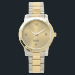 Shiny Metallic Guld | Romerska siffror | Monogram Armbandsur<br><div class="desc">Elegant,  slick,  minimalistisk bild av blanka metalliska guld rostfria stål struktur med romerska siffror och ett anpassade monogram.</div>
