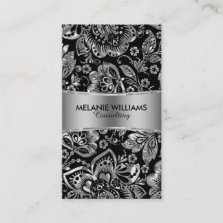 Shiny Metallic Silver Baroque Blommigt Damasks Visitkort
