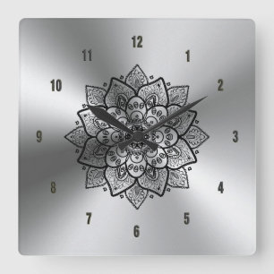 Shiny Metallic Stainless Steel & Black Mandala Fyrkantig Klocka