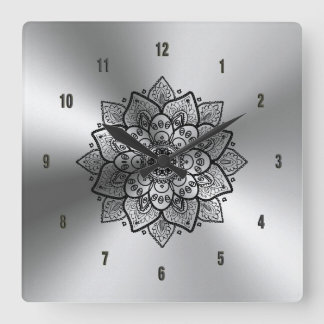 Shiny Metallic Stainless Steel & Black Mandala Fyrkantig Klocka
