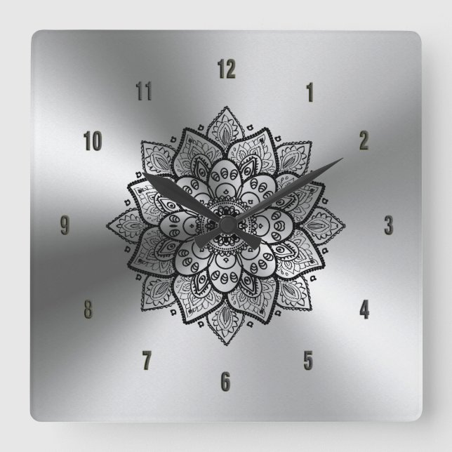 Shiny Metallic Stainless Steel & Black Mandala Fyrkantig Klocka (Framsida)