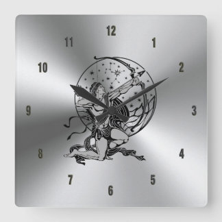 Shiny Metallic Stainless Steel & Sagittarius Sign Fyrkantig Klocka