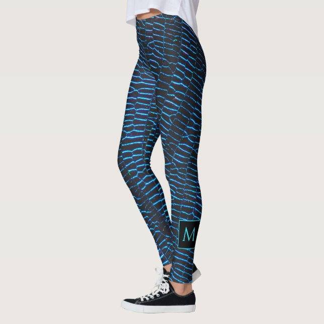 Shiny metallvibrant, nyblått abstrakt Monogram Leggings (Vänster)