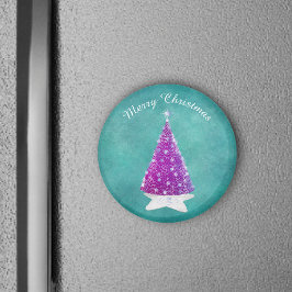 Shiny Pink Christmas Tree Silver Stars Teal Magnet