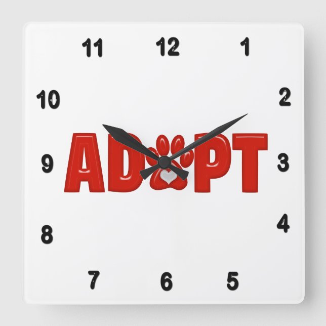 Shiny Red ADOPT Animal Paw Skriv ut med vitt hjärt Fyrkantig Klocka (Framsida)