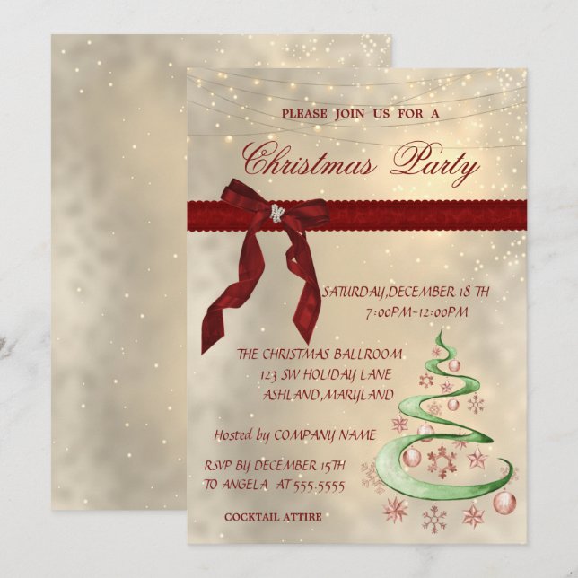 Shiny,Red Bow,Träd,Bollar korporerad jul Party Inbjudningar (Fram/baksida)