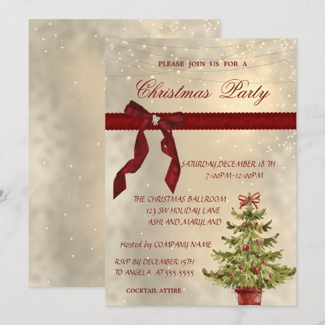 Shiny, Red Bow,Träd korprjul Party Inbjudningar (Fram/baksida)