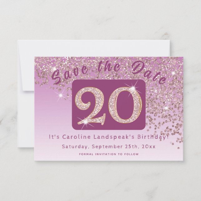 Shiny Ro Guld Glitter under 20:e födelsedagen Spara Datumet (Framsida)