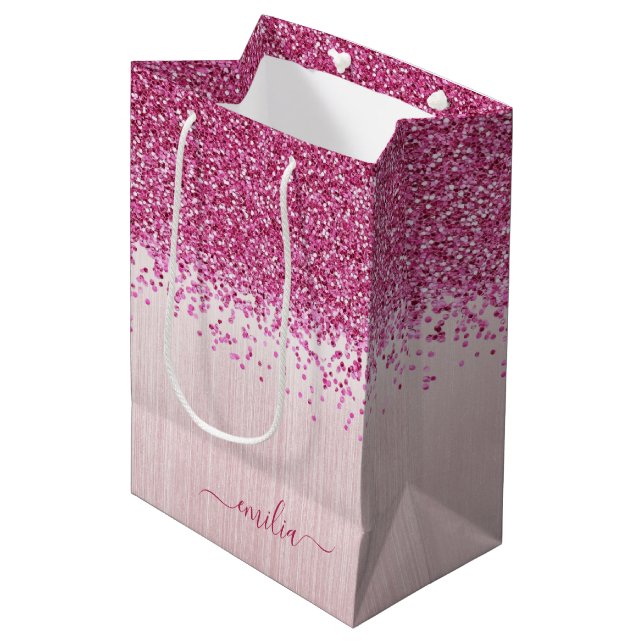 Shiny Rosa Glitter Gift Bag (Framsidan Vinklad)