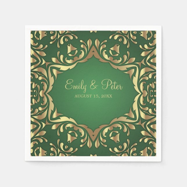 Shiny Royal Faux Guld Ornaments On Emerald Grönt Pappersservett (Framsidan)