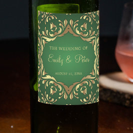 Shiny Royal Faux Guld Ornaments On Emerald Grönt Vinflaska Etikett