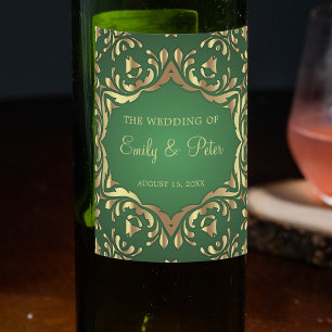 Shiny Royal Faux Guld Ornaments On Emerald Grönt Vinflaska Etikett