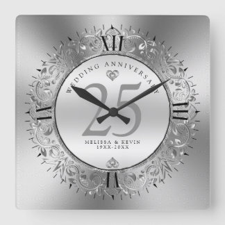 Shiny Silve Swirls Circle Ram 25:e bröllop Fyrkantig Klocka