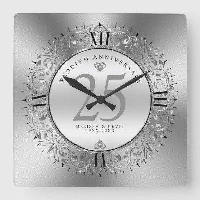 Shiny Silve Swirls Circle Ram 25:e bröllop Fyrkantig Klocka (Framsida)