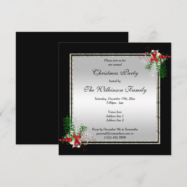 Shiny Silver & Black, Dekorationer i hörnet jul Inbjudningar (Fram/baksida)