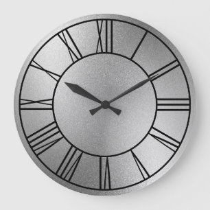 Shiny Silver Foil Black Roman Numerals Stor Klocka
