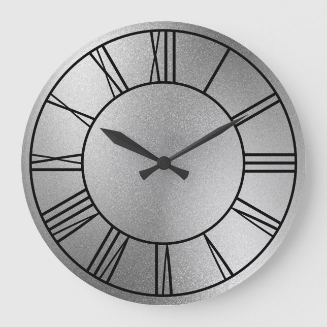Shiny Silver Foil Black Roman Numerals Stor Klocka (Framsida)