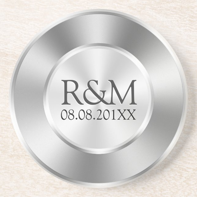 Shiny Silver Grått Stainless Steel look Monogram Underlägg (Framsidan)