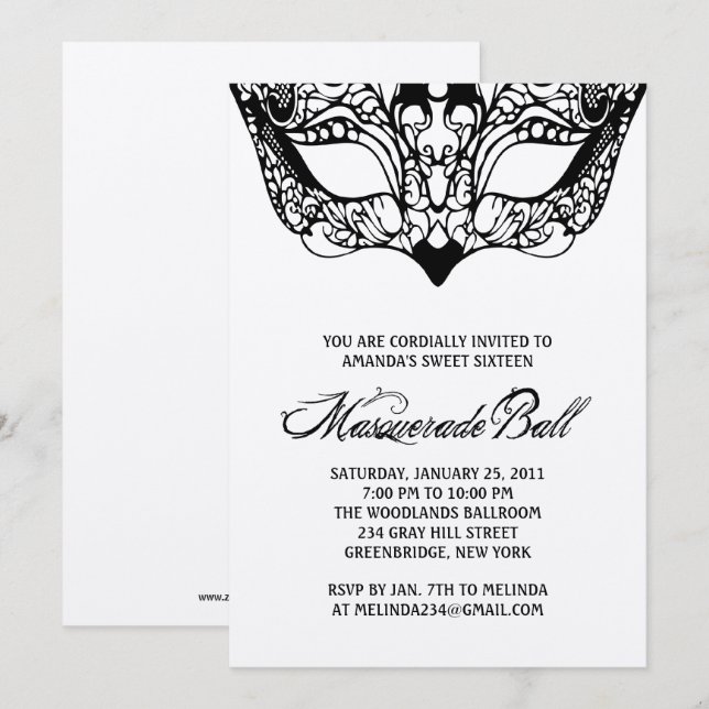 Shiny Silver maskerade inbjudningar (Fram/baksida)