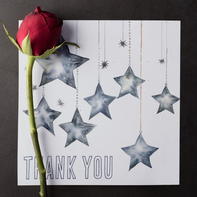 Shiny Silver Stars på Strings Tack Kort (Hanging silver stars on a customizable thank you card for any occasion. )