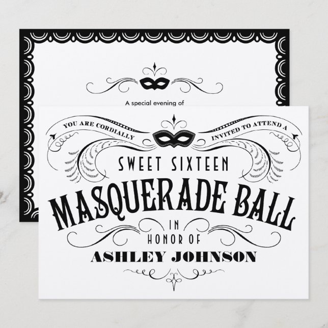Shiny Silver Sweet 16 Masqueraade Boll inbjudninga Inbjudningar (Fram/baksida)