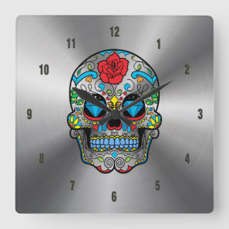 Shiny Stainless Steel & Colorful Blommigt Skull Fyrkantig Klocka