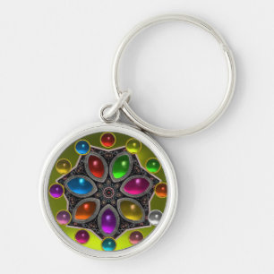 SHINY STAR MED KOLORFUL GEMSTONES Guld Gult Rund Silverfärgad Nyckelring