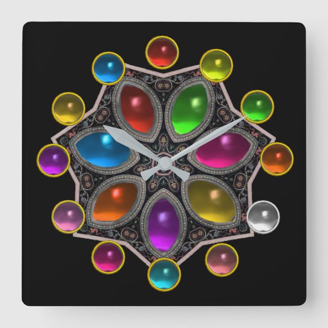 SHINY STAR MED KOLORFUL GEMSTONES, Svart Fyrkantig Klocka (Framsida)