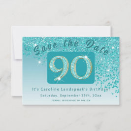 Shiny Teal Blue Glitter för 90:e födelsedag Spara Datumet