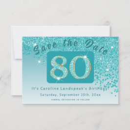 Shiny Teal Blue Glitter under 80:e födelsedagen Spara Datumet