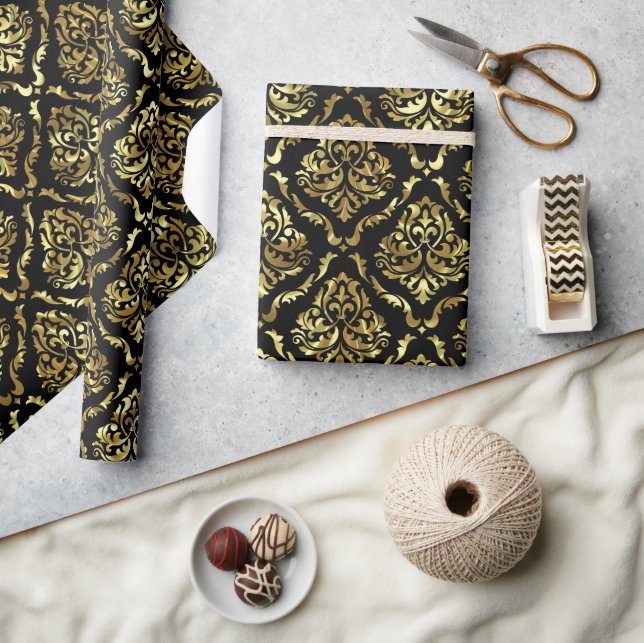 Shiny Tittar Guld Blommigt Damask på svart Presentpapper (Hantverk)