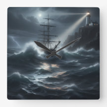 Ship in a storm guided by lighthouse -