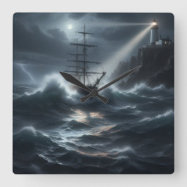 Ship in a storm guided by lighthouse - fyrkantig klocka