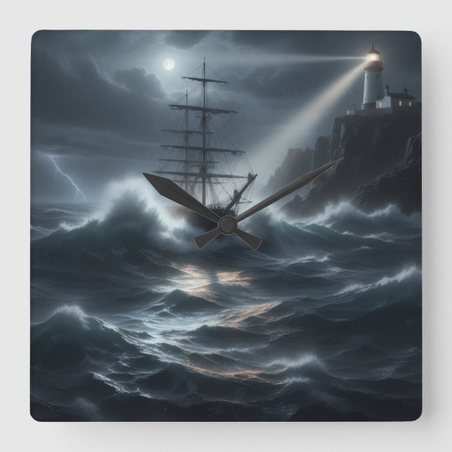Ship in a storm guided by lighthouse - fyrkantig klocka (Framsida)