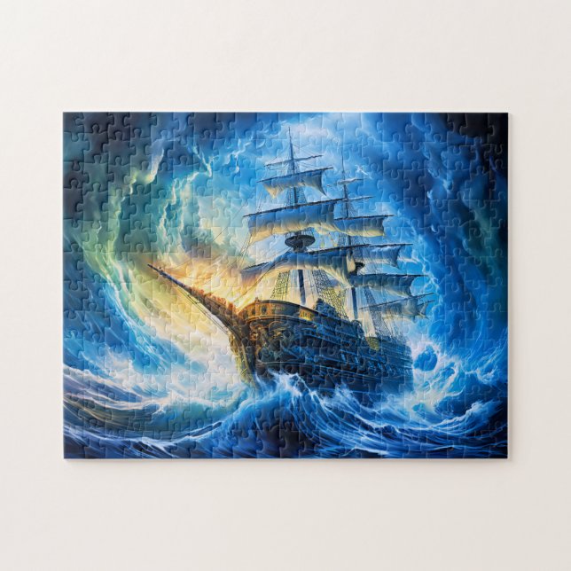 Ship in Glowing Blue Ocean Fantasy Painting Pussel (Horisontell)
