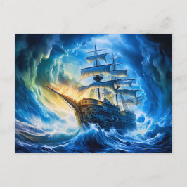 Ship in Glowing Blue Ocean Fantasy Painting Vykort