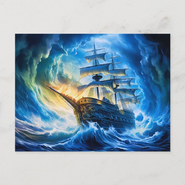 Ship in Glowing Blue Ocean Fantasy Painting Vykort (Framsida)