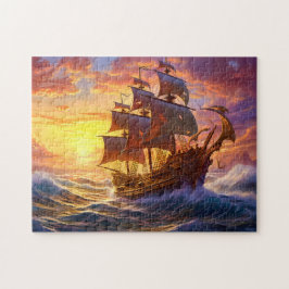 Ship in Golden Sunset Storm Fantasy Painting Pussel