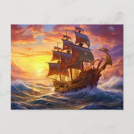 Ship in Golden Sunset Storm Fantasy Painting Vykort