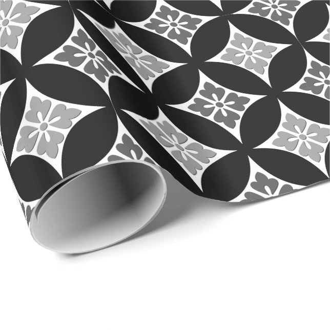 Shippo med blommamotiv, svart, vit och grått presentpapper (Rullad Hörn)