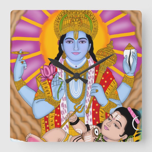 Shiva & Vishnu Clock – Divine Wall Decor & Home De Fyrkantig Klocka (Framsida)