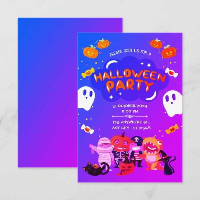 Shivers & Shenanigans: A Lila and Blue Halloween Inbjudningar (Fram/baksida)