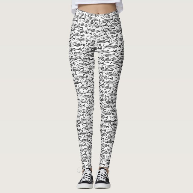 Shoal of Fish Mönster - Black on White Leggings (Framsida)
