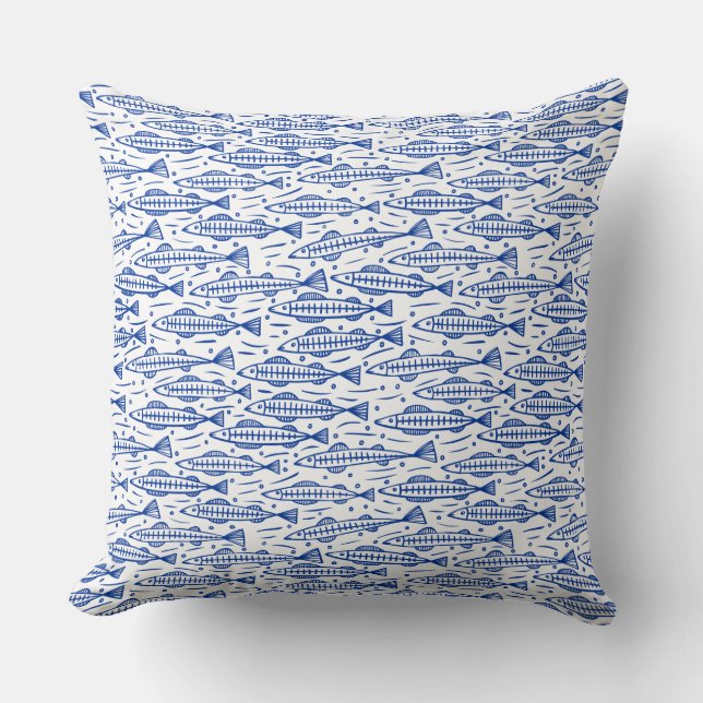Shoal of Fish Mönster - Navy Blue on White Kudde (Framsida)