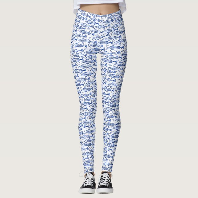 Shoal of Fish Mönster - Navy Blue on White Leggings (Framsida)